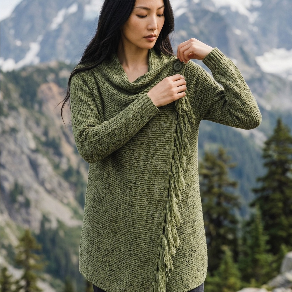 Cowl Neck Fringe Sweater Tunic in Olive Green